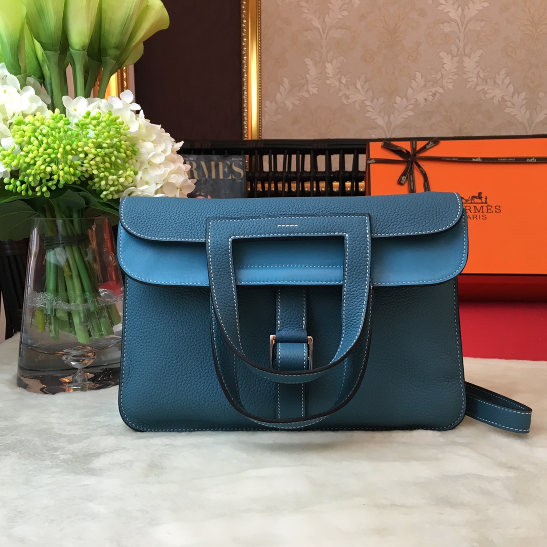 Hermes Halzan 31 Handbag Shoulder Bag In Blue Jean Clemence Leather